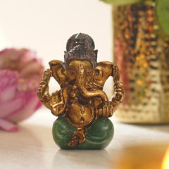 Dark Green Antique Gold Polyresin Sitting Ganesha - Small