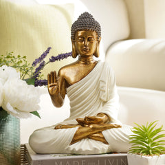 Ivory Antique Gold Polyresin Sitting Buddha - Large