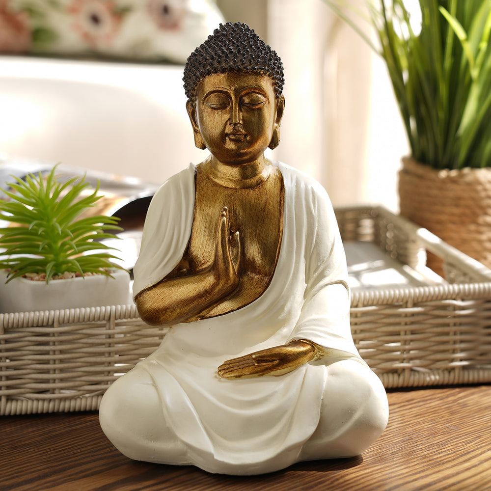 Ivory Antique Gold Polyresin Sitting Buddha - Medium