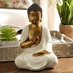 Ivory Antique Gold Polyresin Sitting Buddha - Medium