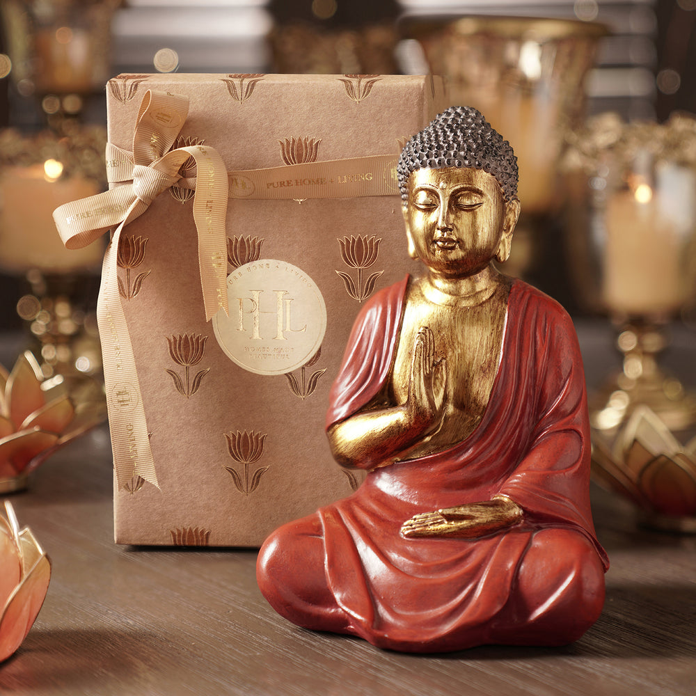 Dark Red Antique Gold Polyresin Sitting Buddha - Medium
