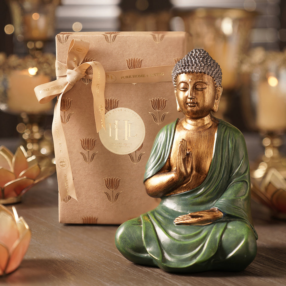 Dark Green Antique Gold Polyresin Sitting Buddha - Medium