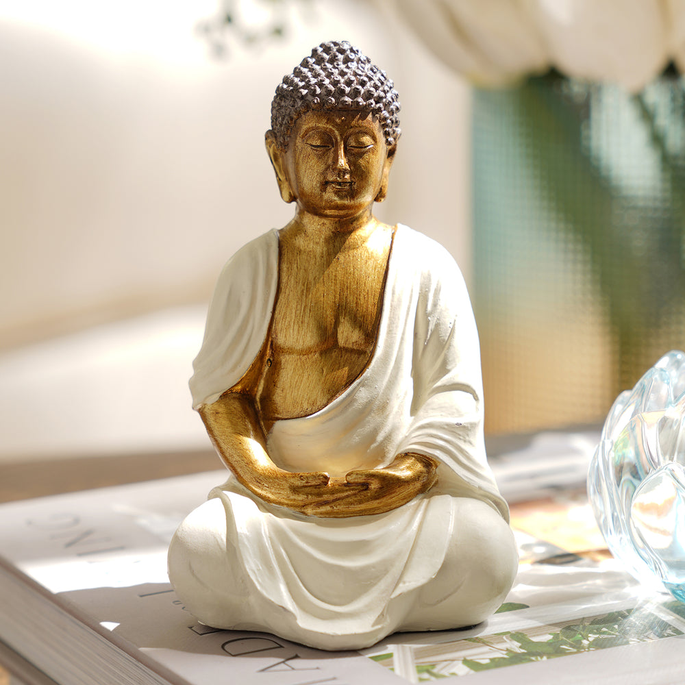 Ivory Antique Gold Polyresin Sitting Buddha - Small