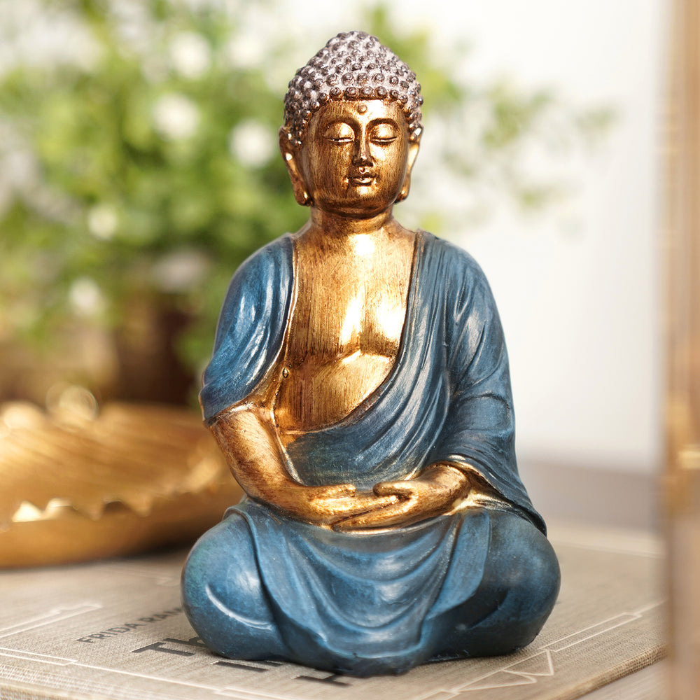 Dark Blue Antique Gold Polyresin Sitting Buddha - Small