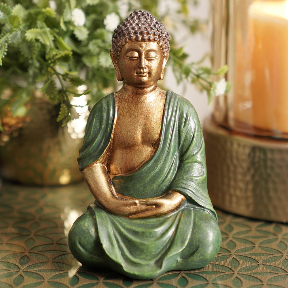 Dark Green Antique Gold Polyresin Sitting Buddha - Small