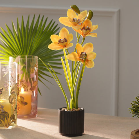 Yellow Artificial Cymbidium in Ceramic Pot