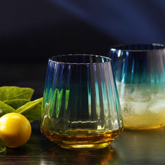 Set of 2 Blue Three Tone Ribbed Drinking Glasses