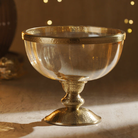 Amber Glass Hammered Decorative Bowl with Stand
