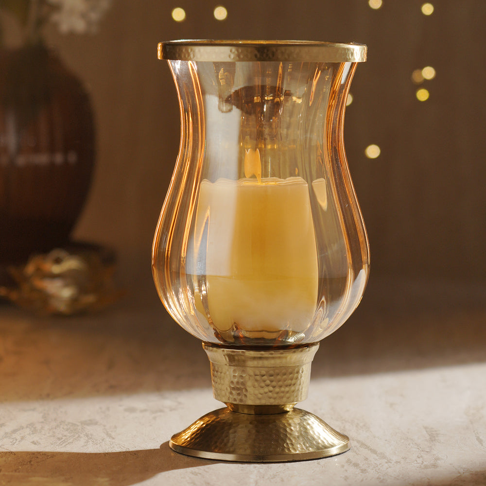 Amber Glass Hammered Hurricane Candle Holder with Stand