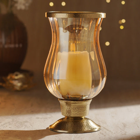 Amber Glass Hammered Hurricane Candle Holder with Stand
