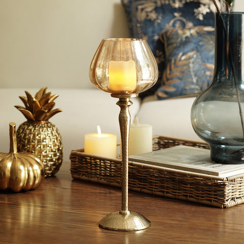Amber Glass Hammered Stem Candle Holder - Small