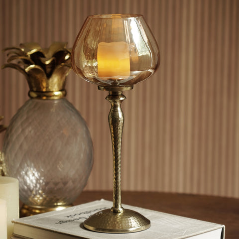 Amber Glass Hammered Stem Candle Holder - Small