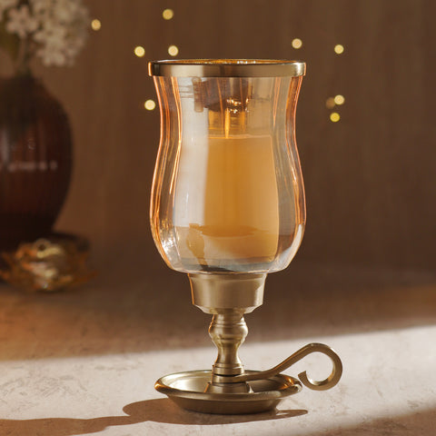 Amber Glass Hurricane Candle Holder with Handle