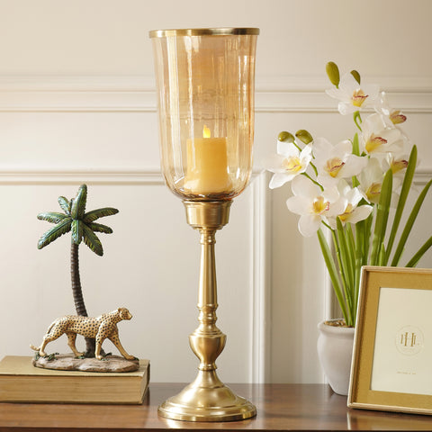 Amber Glass Hurricane Tall Candle Holder