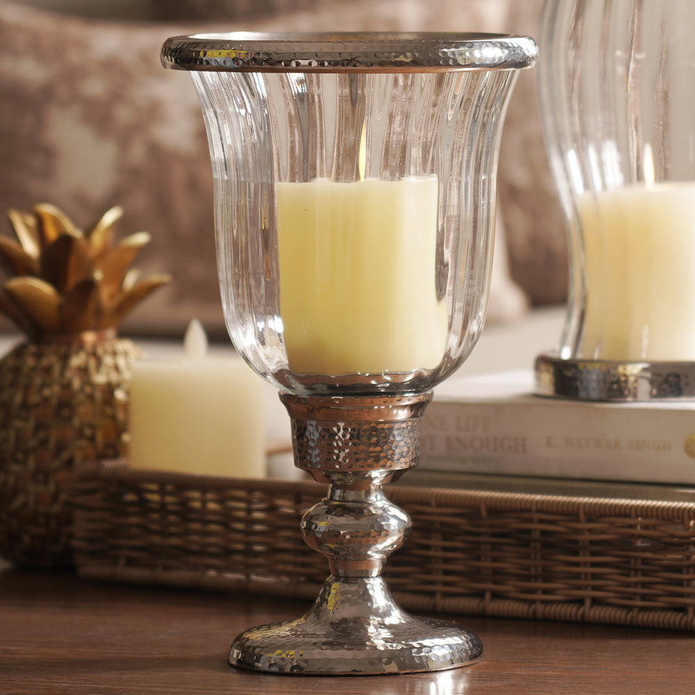 Silver Hammered Hurricane Candle Holder