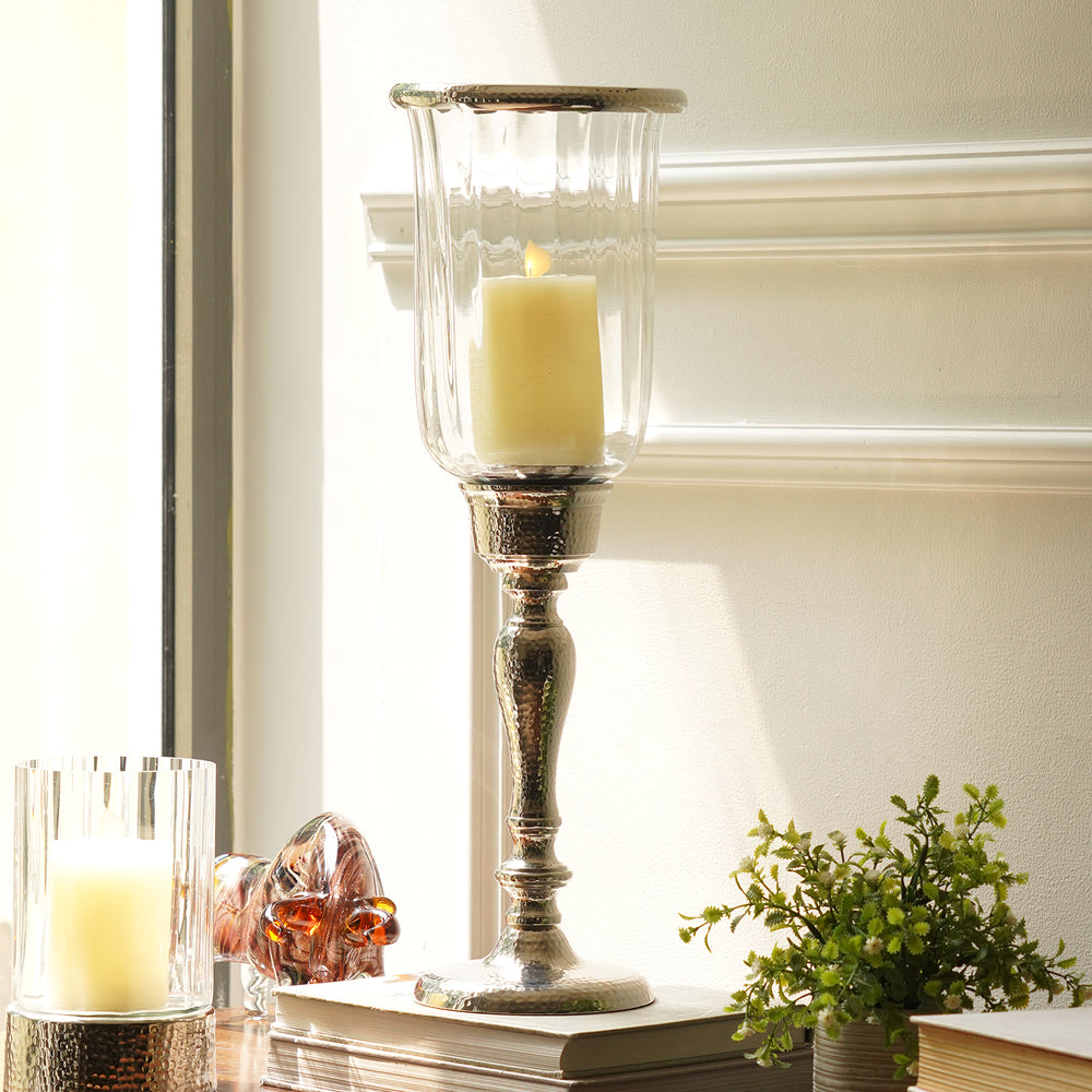 Silver Hammered Hurricane Candle Holder With Stand