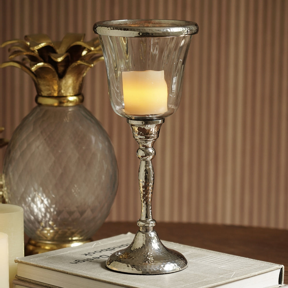 Silver Hurricane Candle Holder With Stand - Small
