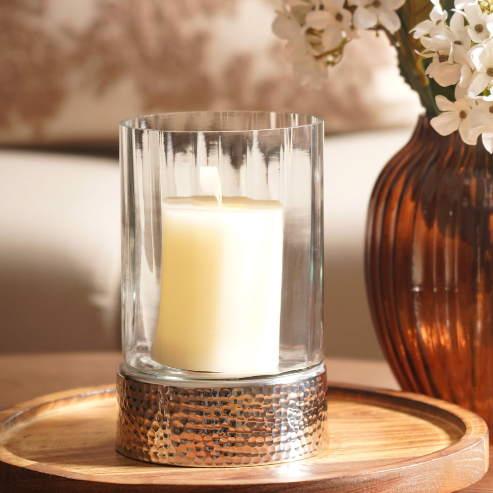 Silver Hammered Cylindrical Candle Holder - Small