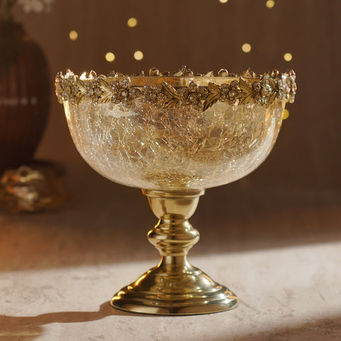Amber Crackled Glass Decorative Bowl with Stand - Small