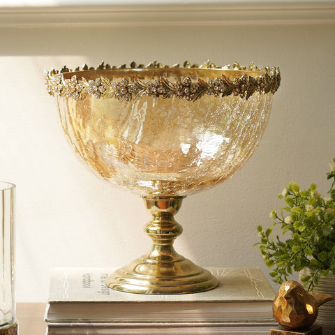 Amber Crackled Glass Decorative Bowl with Stand - Large