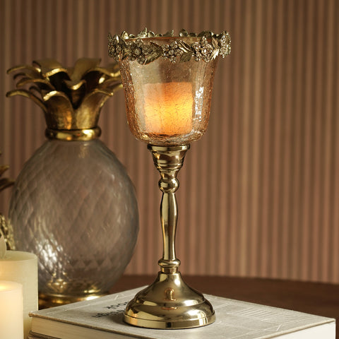 Amber Crackled Glass Hurricane - Small
