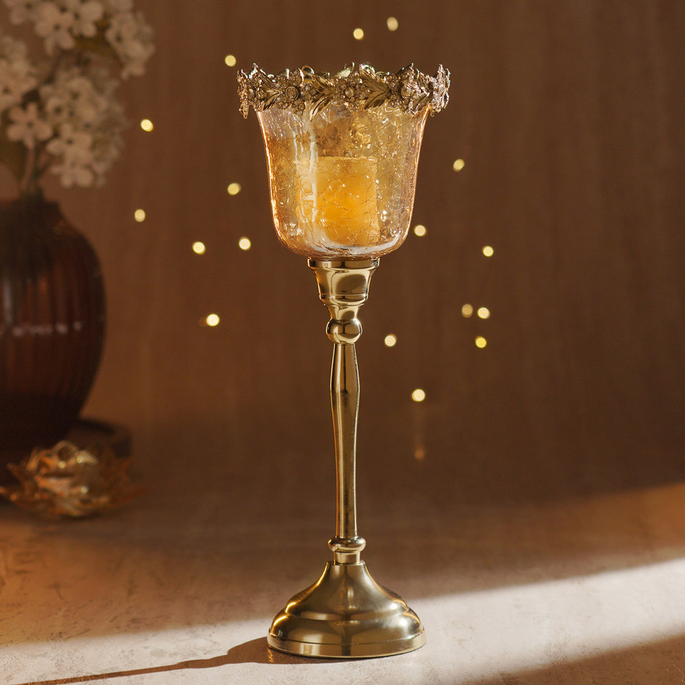 Amber Crackled Glass Hurricane - Large