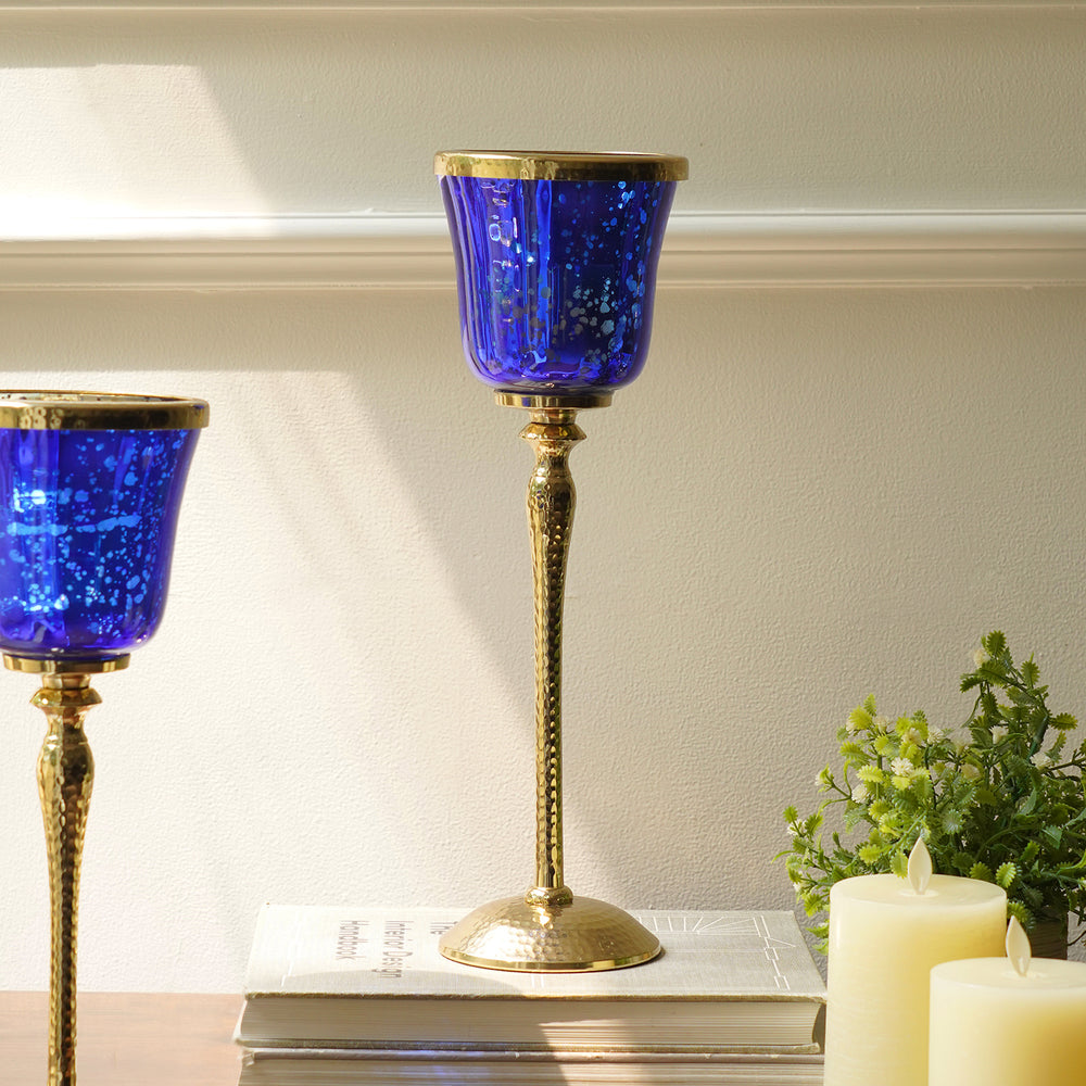 Blue Glass Hurricane With Hammered Base