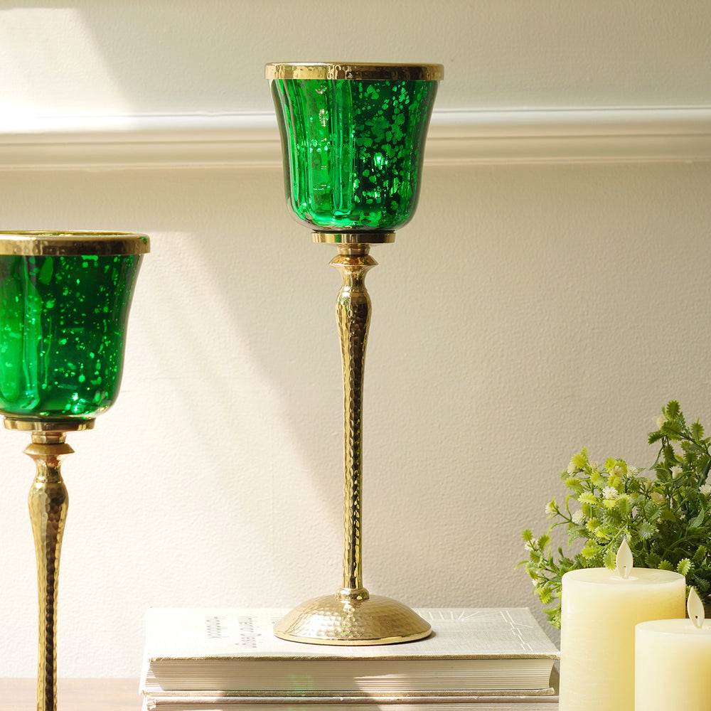 Green Glass Hurricane With Hammered Base