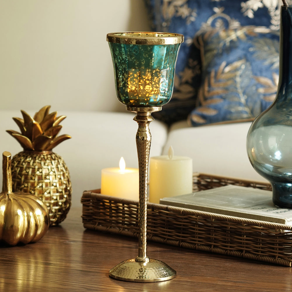 Teal Glass Hurricane With Hammered Base