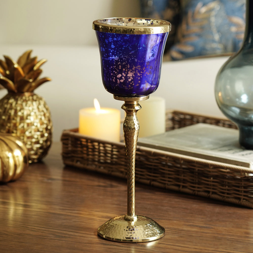 Navy Glass Hurricane With Hammered Base