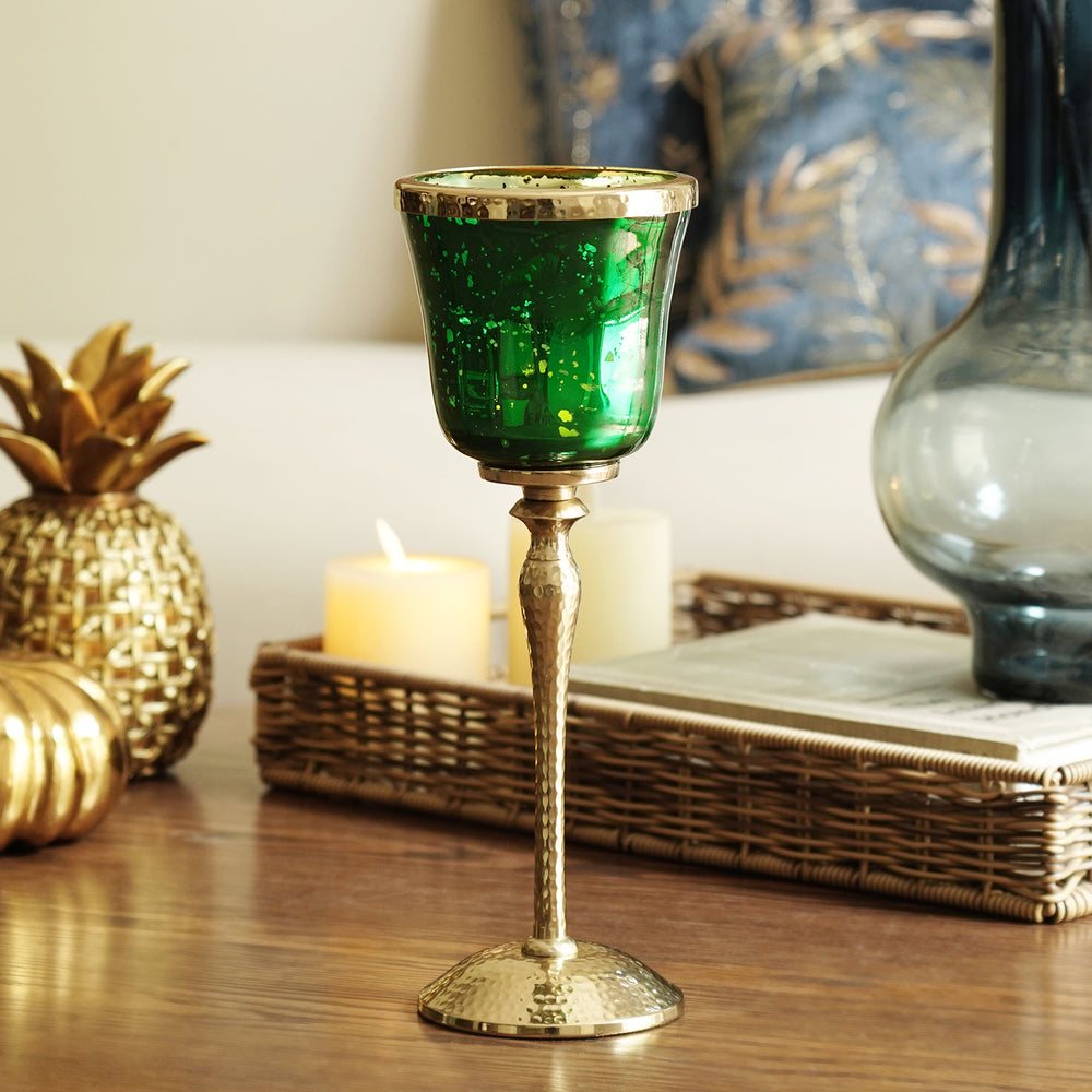 Dark Green Glass Hurricane With Hammered Base