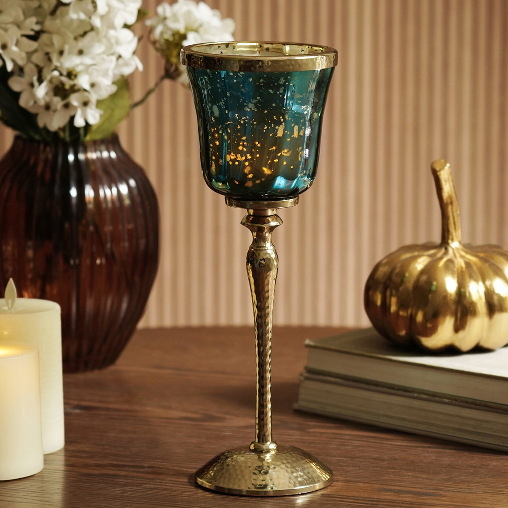 Teal Glass Votive Hurricane With Hammered Base