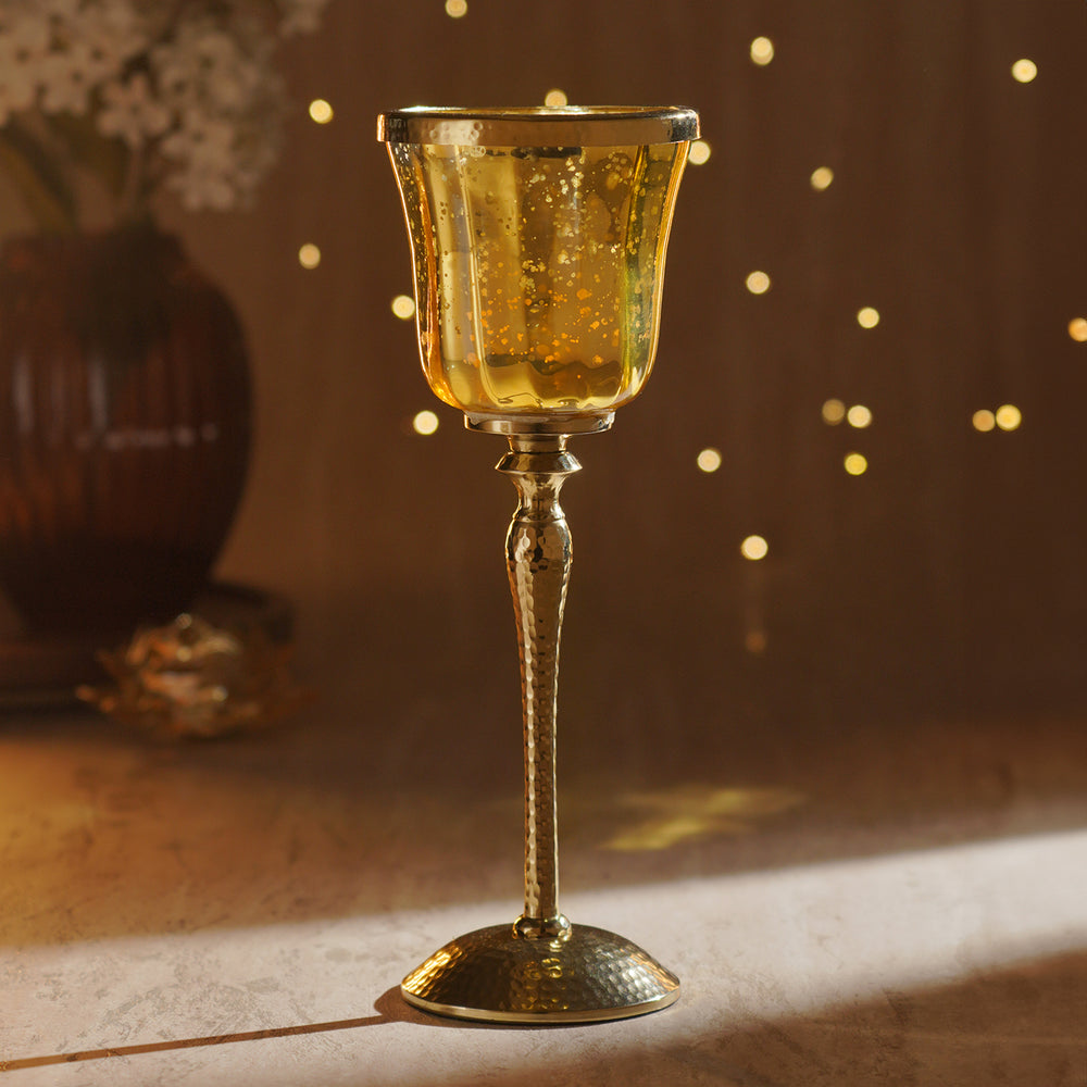 Gold Glass Hurricane With Hammered Base