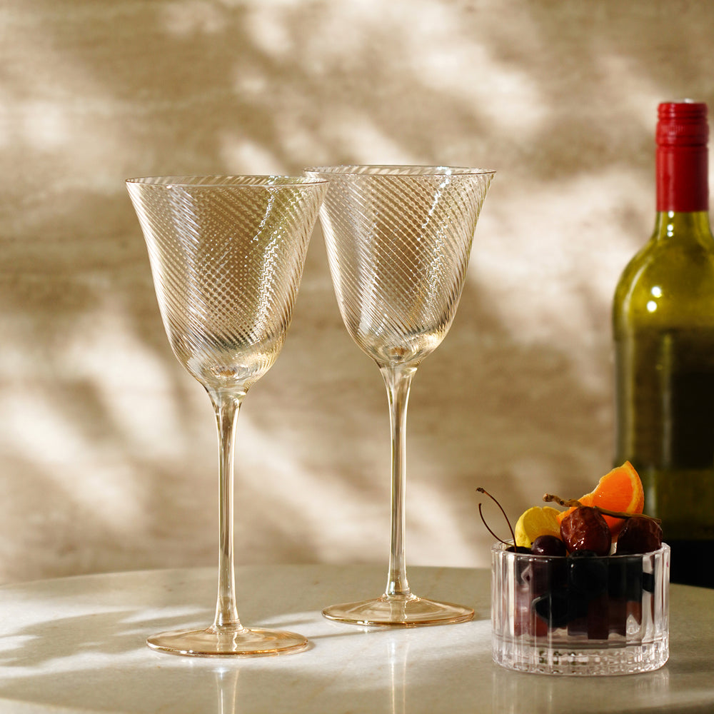 Set of 2 Light Amber Swirl Textured Wine Glasses