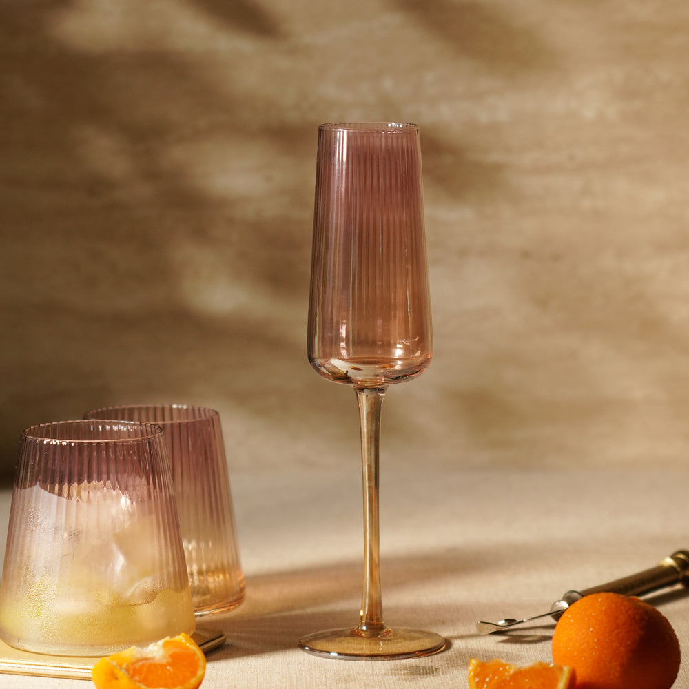 Set of 2 Dark Amber Ribbed Textured Champagne Flutes