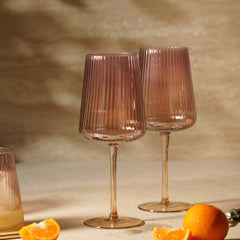Set of 2 Dark Amber Ribbed Textured Wine Glasses