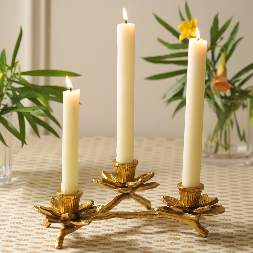 Gold 3 Arm Flowe Tapered Candle Holder