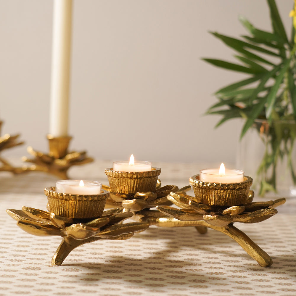Gold 3 Arm Flower Candle Holder