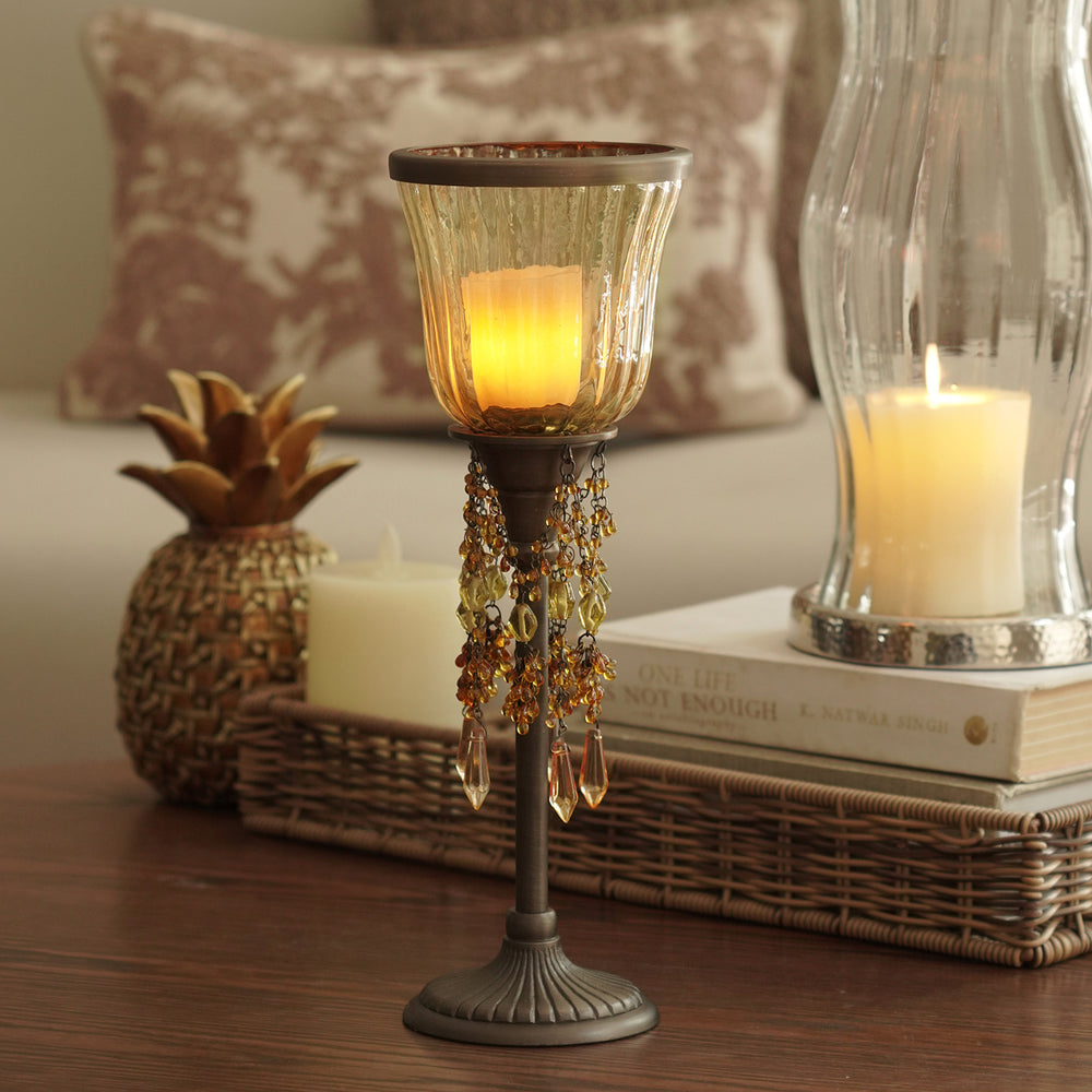 Amber Tall Glass Hurricane with Hangings