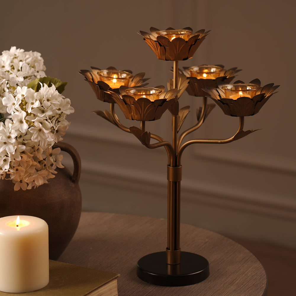 Bronze Lotus Shaped 5 Arm Candelabra