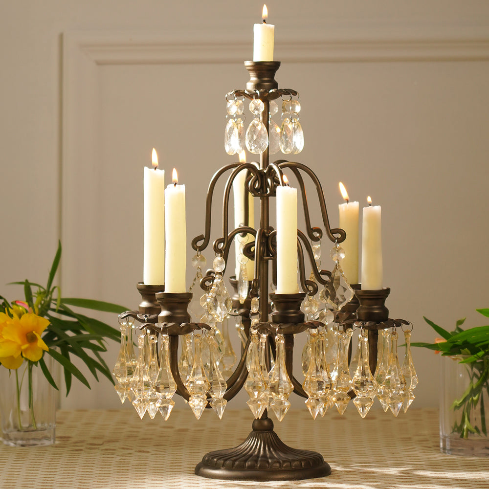 Bronze 7 Arm Tapered Candelabra with Hanging Crystals
