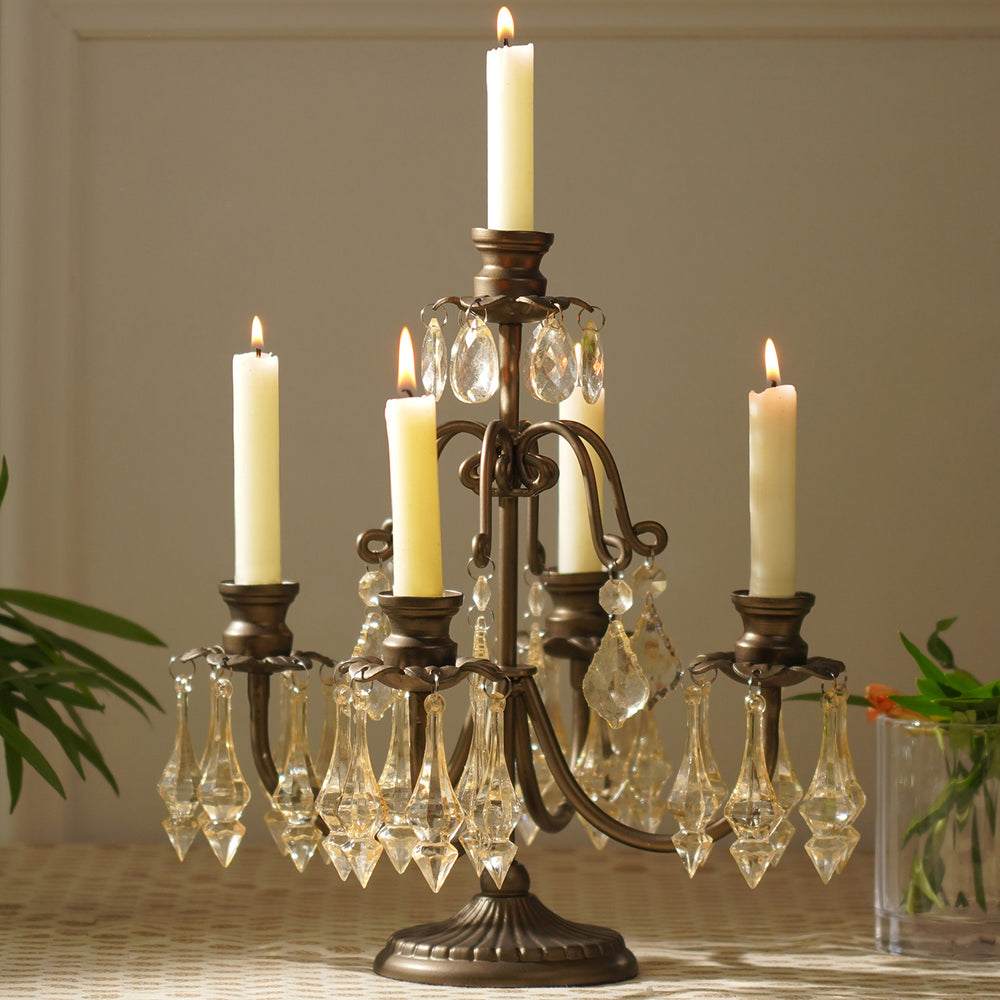 Bronze 5 Arm Tapered Candelabra with Hanging Crystals
