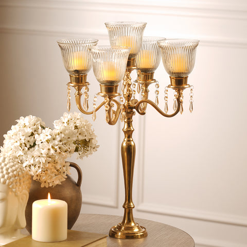 Gold 5 Arm Candelabra with Hanging Crystals