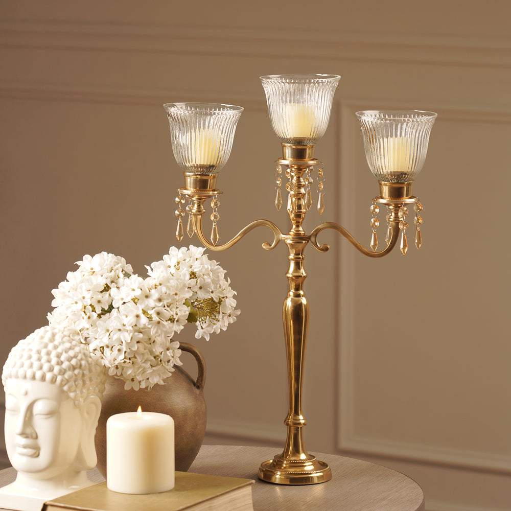 Gold 3 Arm Candelabra with Hanging Crystals