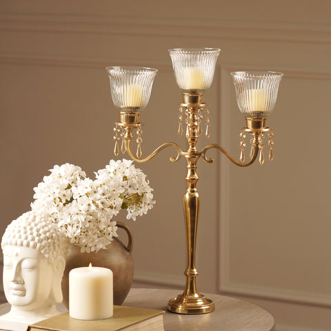 Gold 3 Arm Candelabra with Hanging Crystals