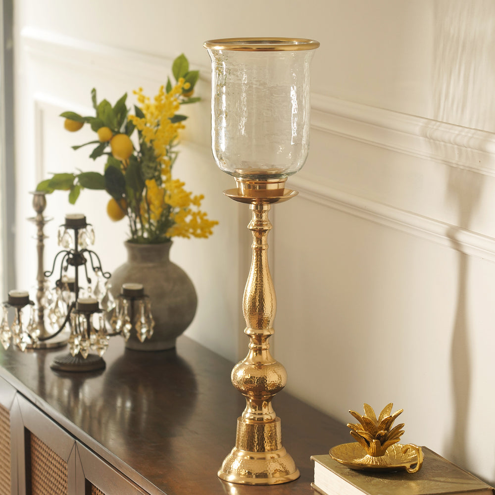 Amber & Gold Glass Hammered Tall Hurricane - Large