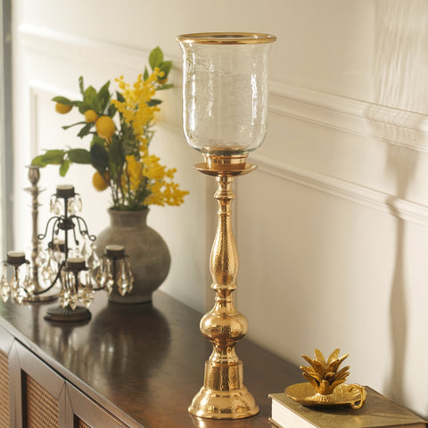 Amber & Gold Glass Hammered Tall Hurricane - Large