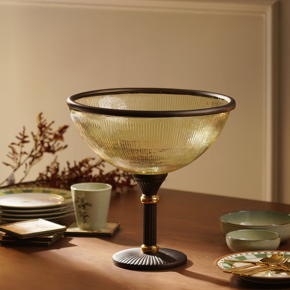 Amber Antique Finish Ribbed Glass Bowl with Stand - Large