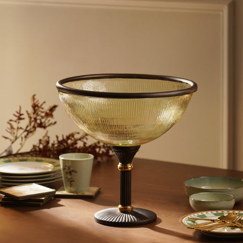 Amber Antique Finish Ribbed Glass Bowl with Stand - Large