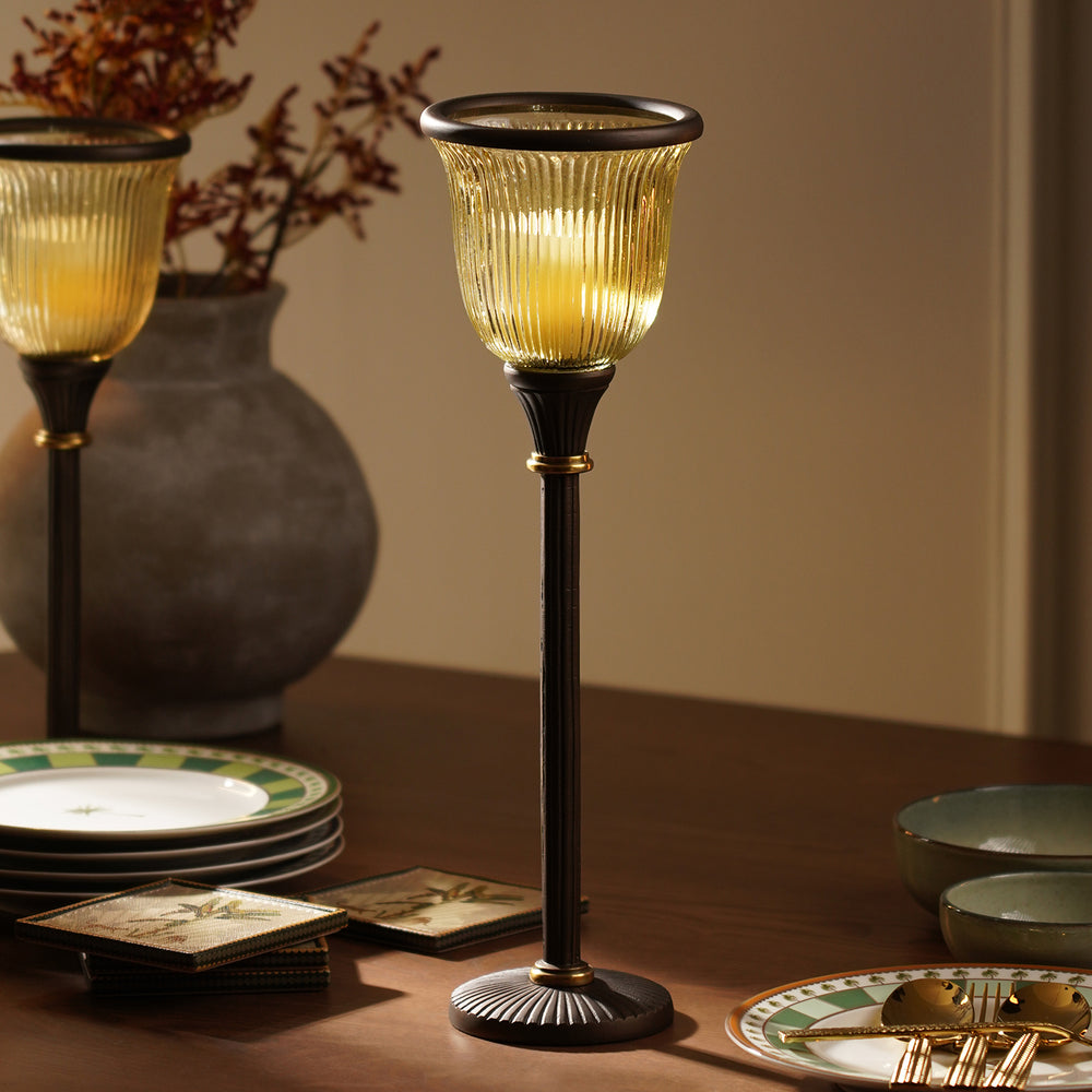 Brown Antique Ribbed Glass Candle Holder - Large